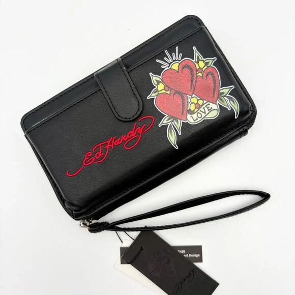 Ed Hardy Black Vegan Leather Wallet Hearts Love Tattoo Zip Around Wristlet NWT - Picture 1 of 5